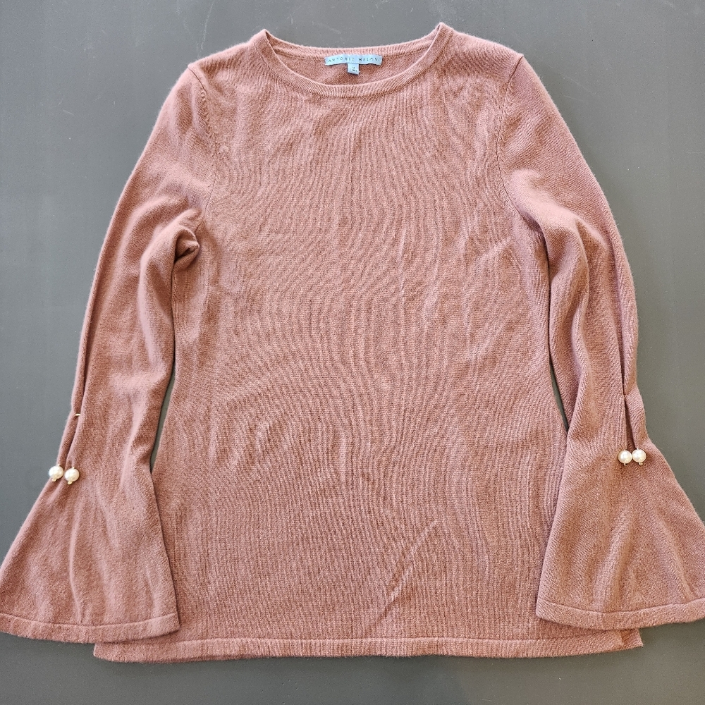Antonio Melani Madilyn Med 100% Cashmere Sweater Blush Pearl Bell Sleeve Preppy